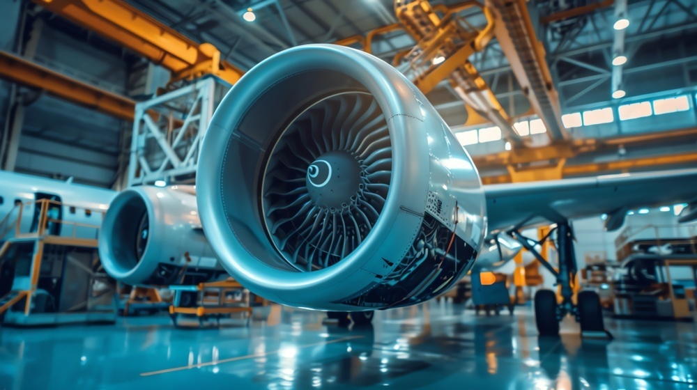 Airplane flying above the clouds with digital network lines